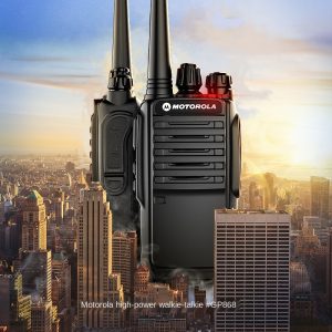 Giant Motorola Walkie Talkie in the middle of the city as exaggeration
